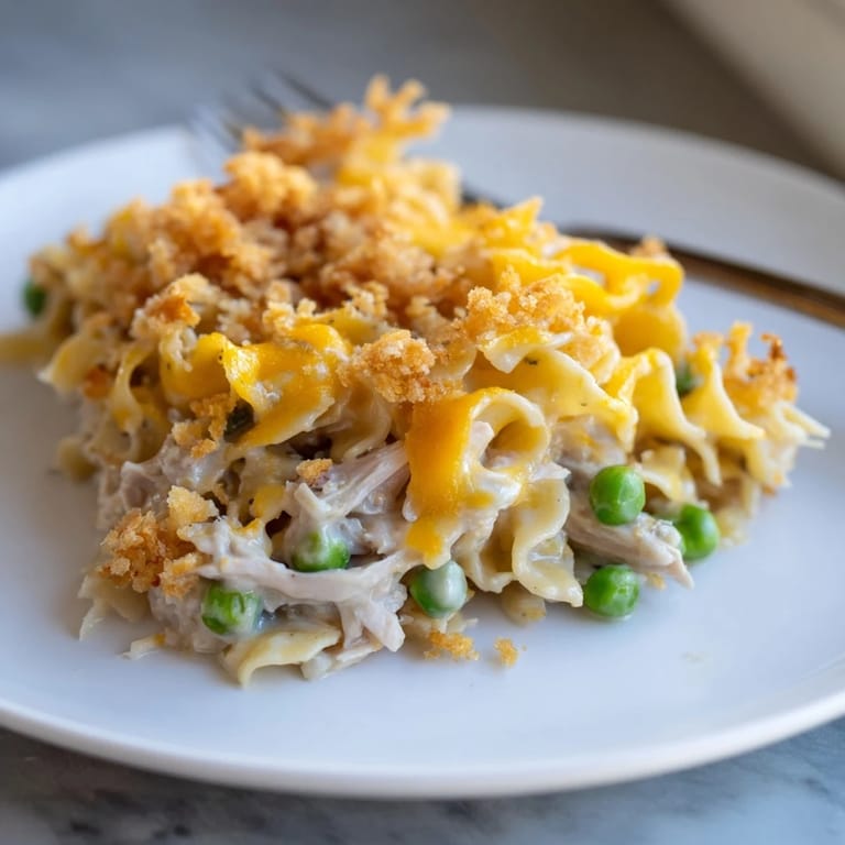 Tender egg noodles mingle in a creamy sauce, crowned with a buttery Ritz topping for tuna casserole.
