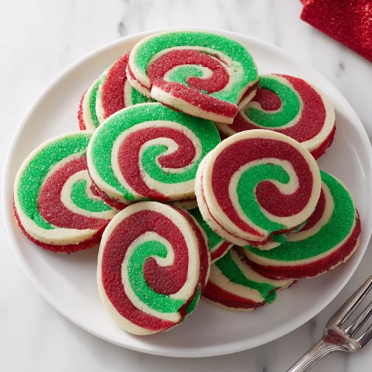 A stack of vibrant Holiday Pinwheel Cookies, showing a beautiful swirl of colors after slicing and baking.