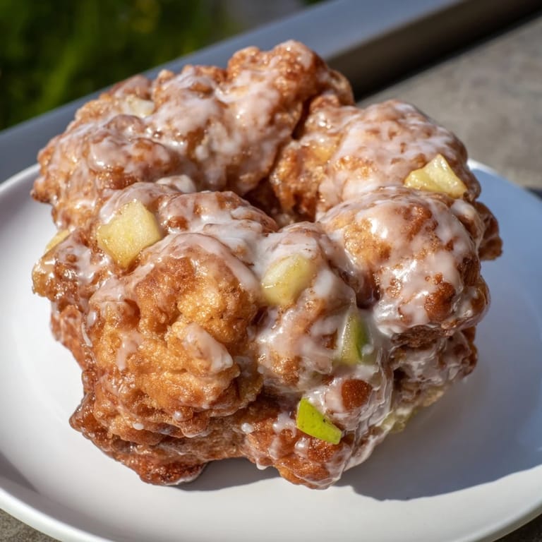 Freshly fried apple fritters, piled high, featuring a light coating of sweet glaze, perfect for dessert.