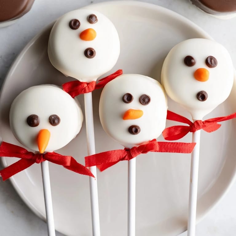 Festive Express Snowman Marshmallow Pops with dark chocolate faces and colorful candy scarves, a delicious dessert.