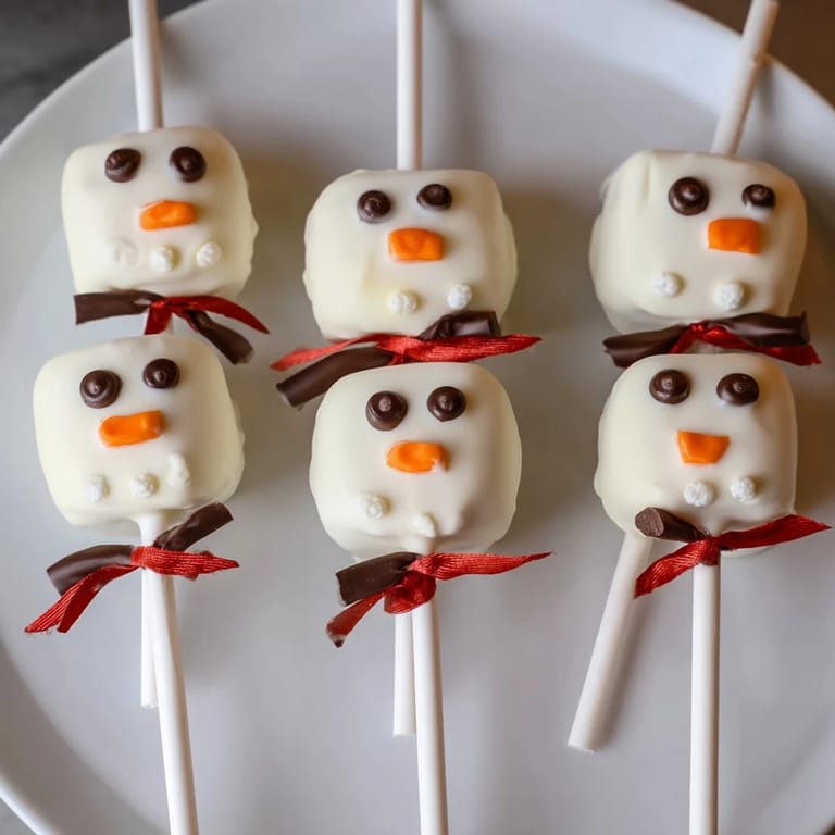 Delicious Express Snowman Marshmallow Pops on a stick, perfect for a snowy day, covered in rich chocolate.