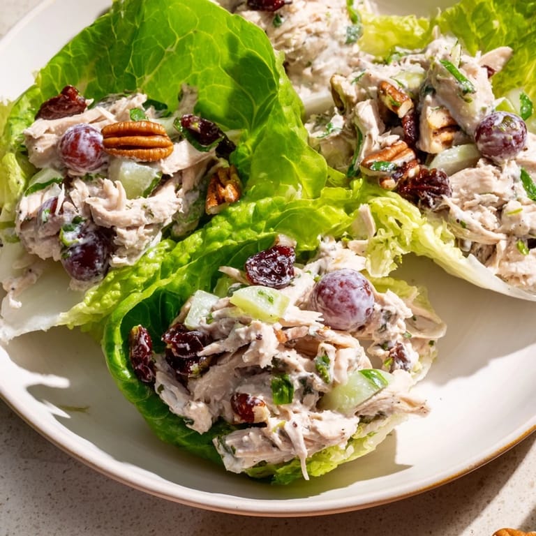Vibrant Festive Chicken Salad Cups, filled with tender chicken, creamy dressing, and served in crisp lettuce.