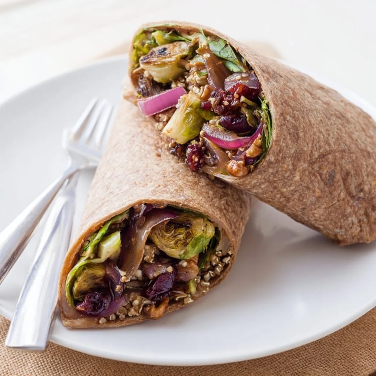 Warm, appetizing Roasted Brussels Sprouts & Cranberry Grain Wrap, ready to eat and packed with grains.