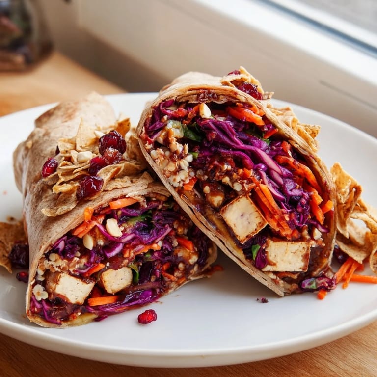 Golden, warm sweet chili tofu wraps loaded with festive slaw, perfect for a cozy dinner.
