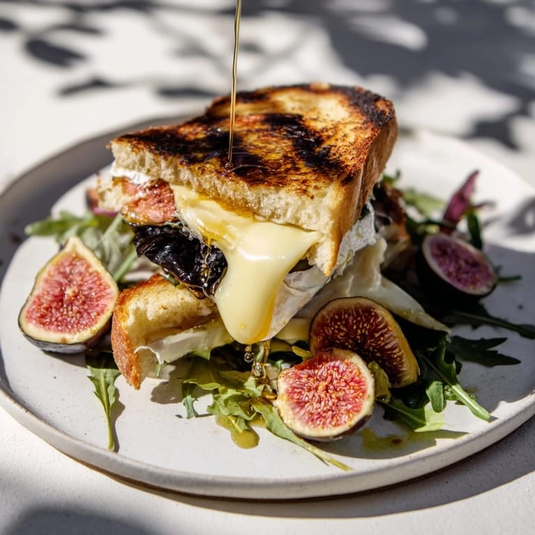 Sweet fig preserves and melted Brie layered on a Fig, Brie & Arugula Grilled Cheese, ready to eat.