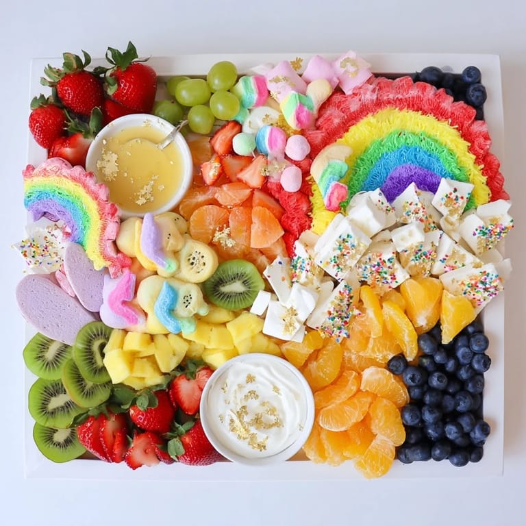 Imagine the fun of a Magical Unicorn Rainbow Dessert Board, featuring all the ingredients beautifully displayed for a party.