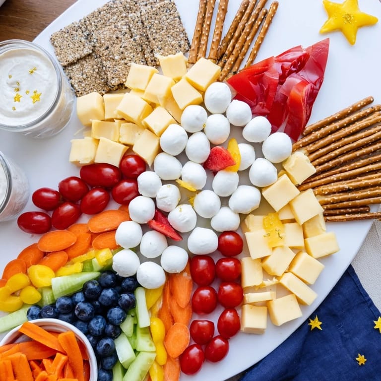 Kid-friendly Blast Off Spaceship Snack Board featuring hummus, veggies, and whole grain crackers.