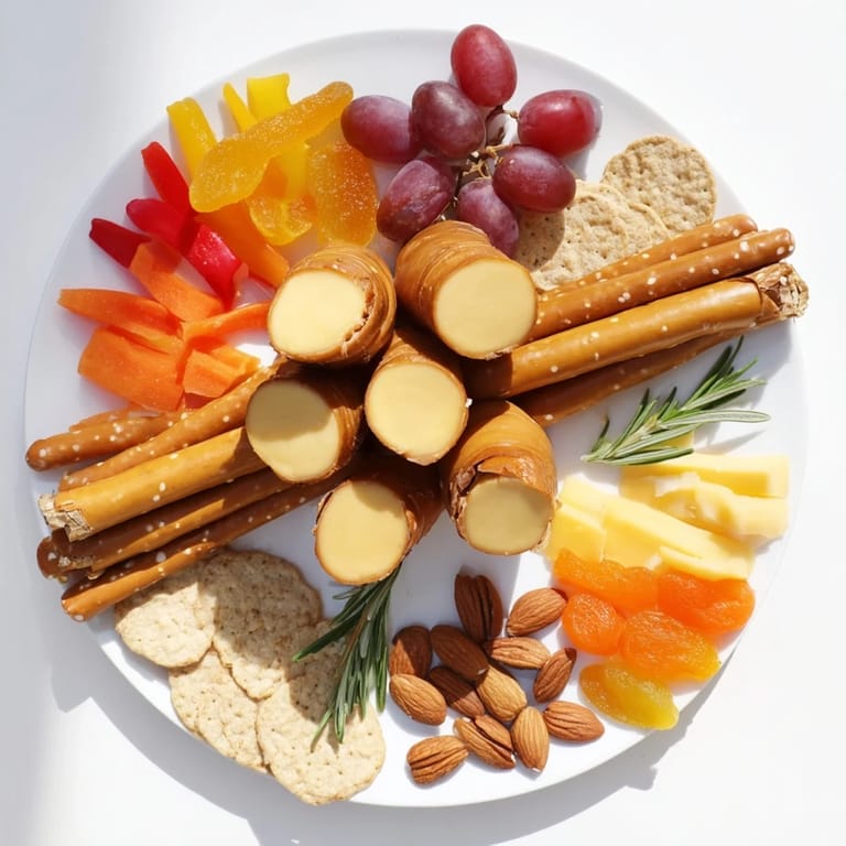 Delicious assortment of cheese, meats, fruits, and crackers create a stunning Flickering Fire Log Snack Board presentation.
