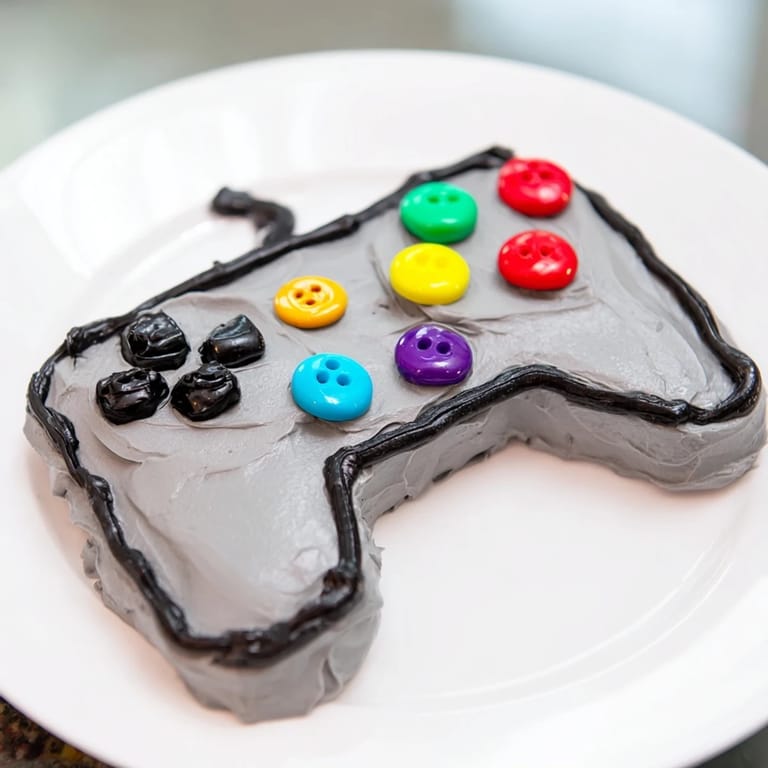 Perfectly frosted Pixel Perfect Video Game Controller Cake served, showcasing its vibrant buttons and edible design for your party.