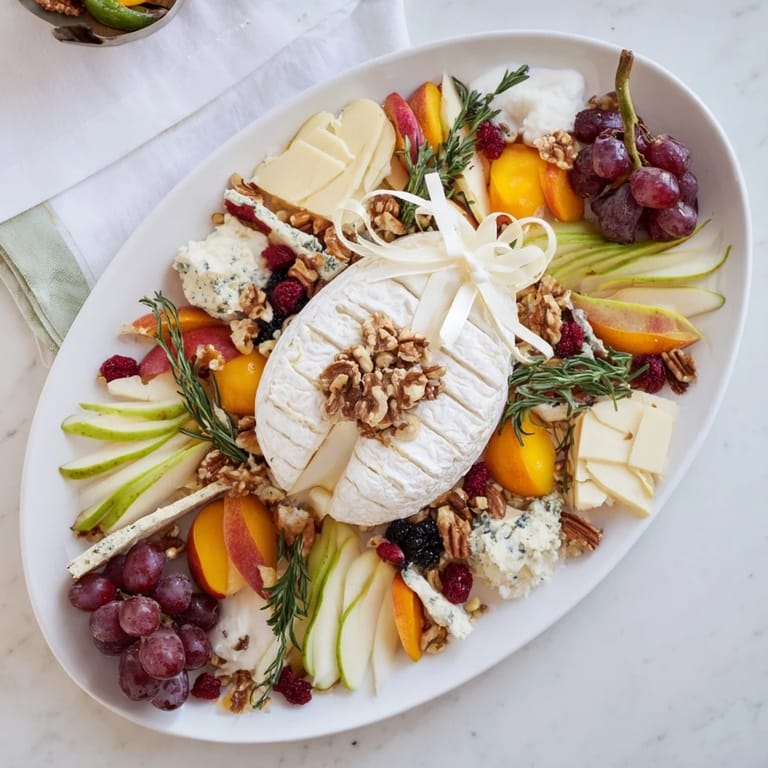 This Rugby Ball Cheese Board showcases creamy Brie next to Roquefort, with fresh fruit garnishes all around.