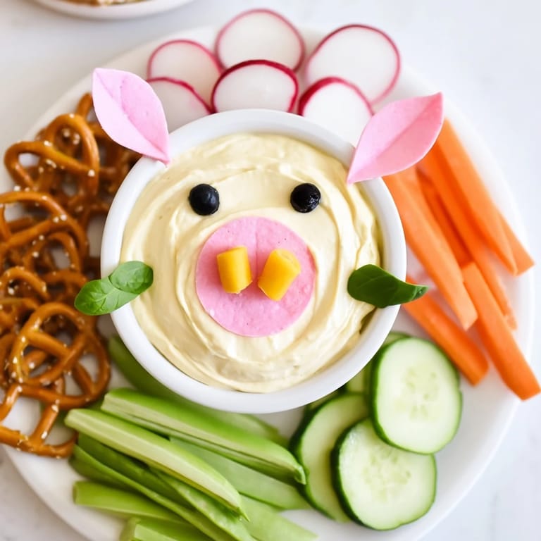 Adorable appetizer: a fresh Piggy Face Dip served with carrot sticks and healthy dippers.