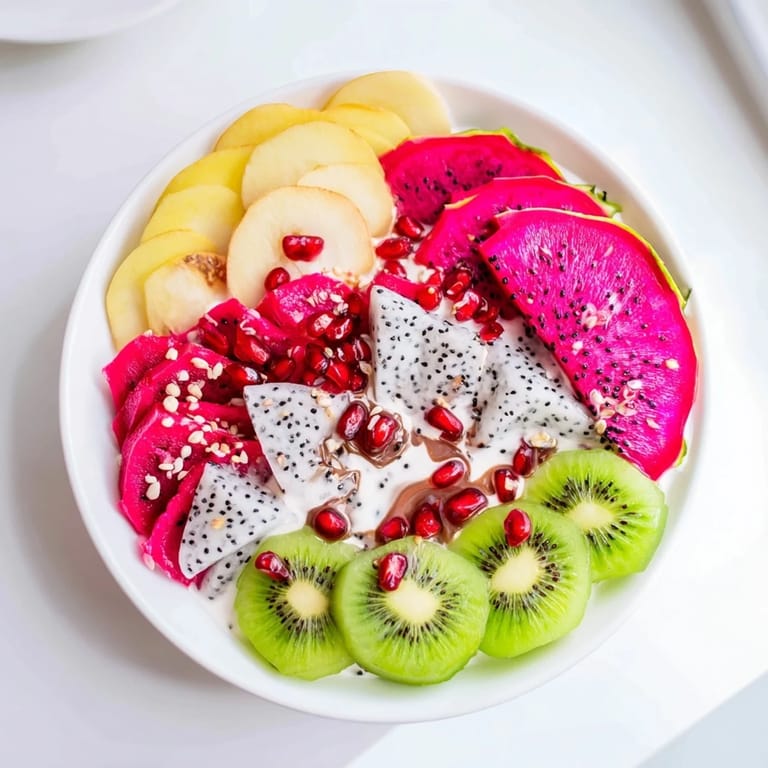 This Dragon Scales Fruit and Dip Board shows an artistic fruit arrangement with rich chocolate and yogurt dips.