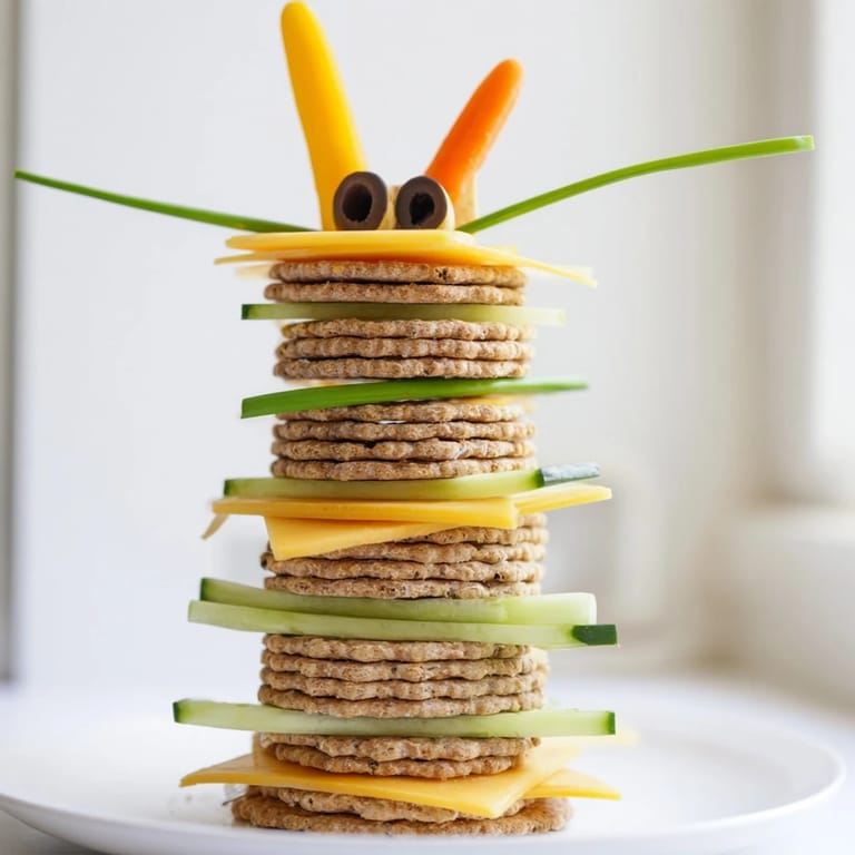 Playful Giraffe Tall Cracker Stack featuring cheddar and Swiss cheese layers with fresh vegetables, perfect snack.