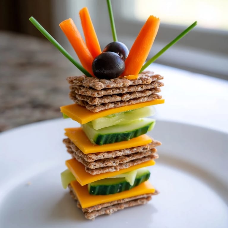 Stacked Giraffe Tall Cracker layers with olives, carrots, and chives create a whimsical, delicious snack.