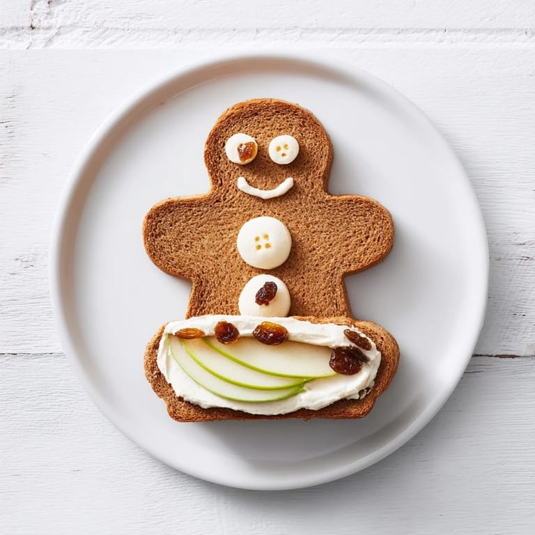 Festive gingerbread man sandwich cutouts with apple "buttons", ideal for kids' parties.