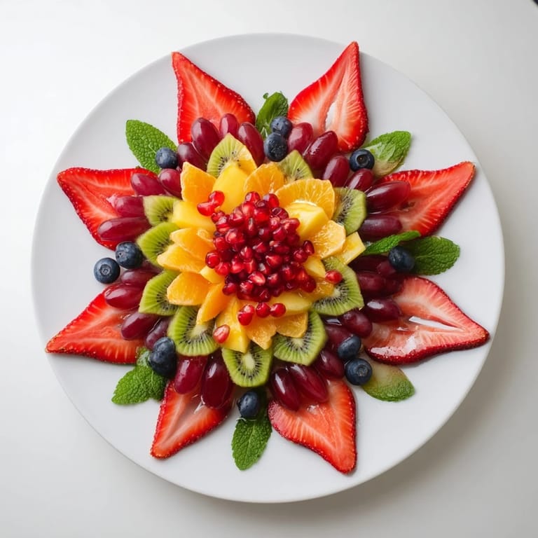 Beautifully arranged Festive Poinsettia Fruit Bowl showcasing fresh, colorful fruit with mint garnish.