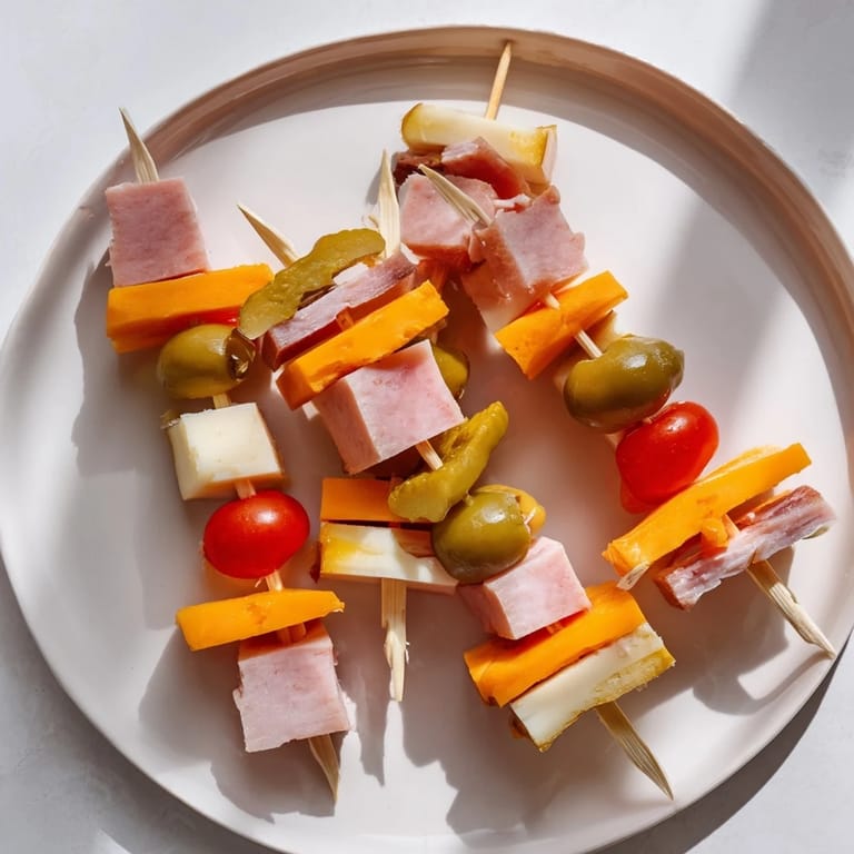 Fresh Savory Skewers showcasing bite-sized ham, Swiss cheese, pickles, and cherry tomatoes for a tasty bite.