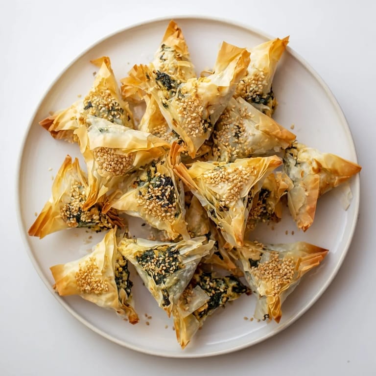 A close-up of the Mini Spanakopita Triangle Cluster showcasing the spinach and feta filling inside.