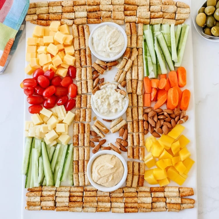 Perfect for parties, this Urban Grid appetizer showcases diverse cheeses, salami, and tomatoes on a pretzel grid.