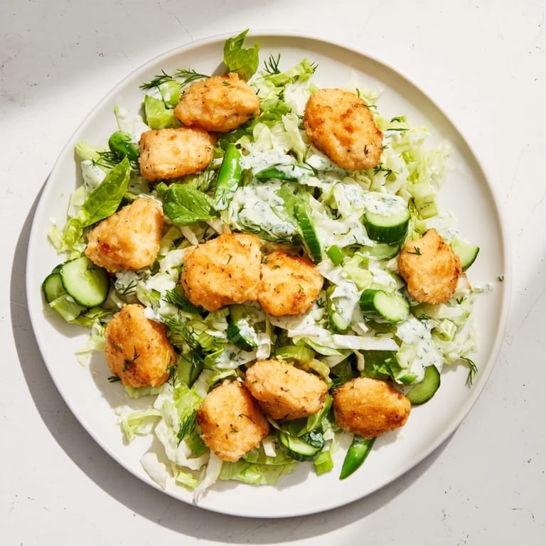 Freshly tossed Green Goddess nugget salad features golden chicken pieces amidst crunchy greens.