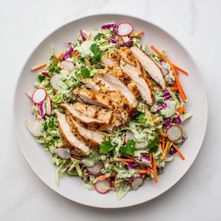 Enjoy a refreshing plate of Green Goddess Cabbage Slaw with Grilled Chicken, showcasing a rainbow of fresh veggies.