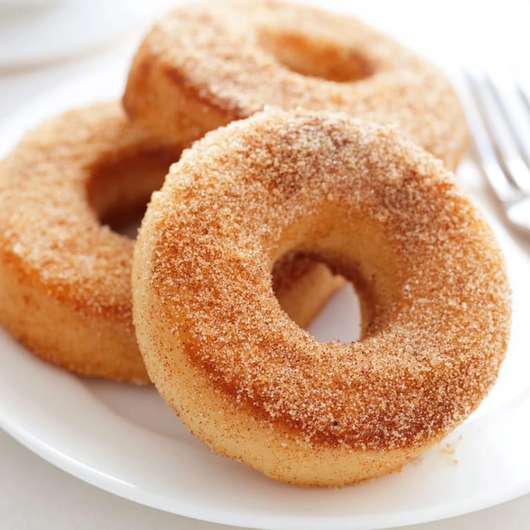 Sweet and comforting picture of homemade cinnamon-sugar baked donuts, perfect for breakfast or brunch.