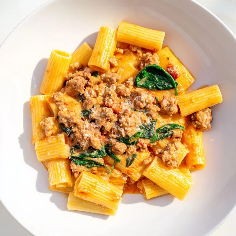 A close-up of a steaming bowl of One-Pot Italian Sausage Tomato Pasta, garnished with fresh Parmesan.