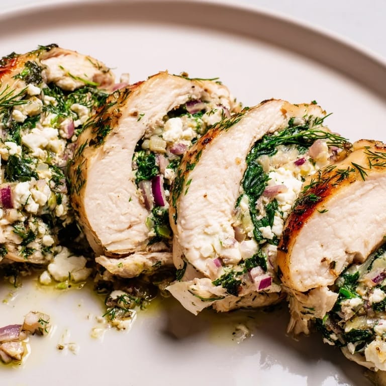 Perfectly cooked Spinach Feta Stuffed Chicken, oozing with a delicious spinach-feta filling, is ready to serve.