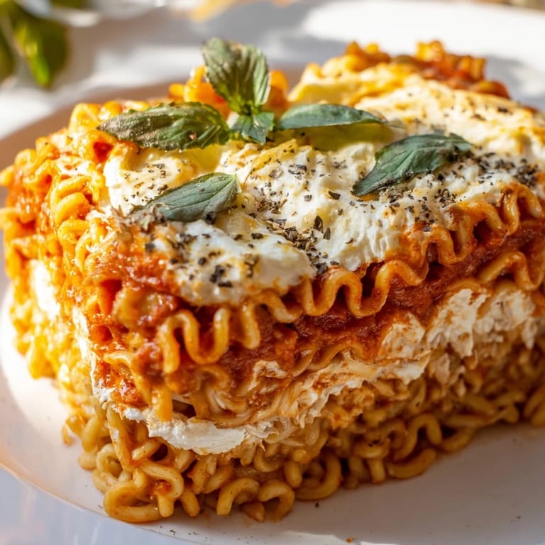 Homemade Ramen Lasagna, a comforting fusion dish, layered with gooey cheese and savory sauce.