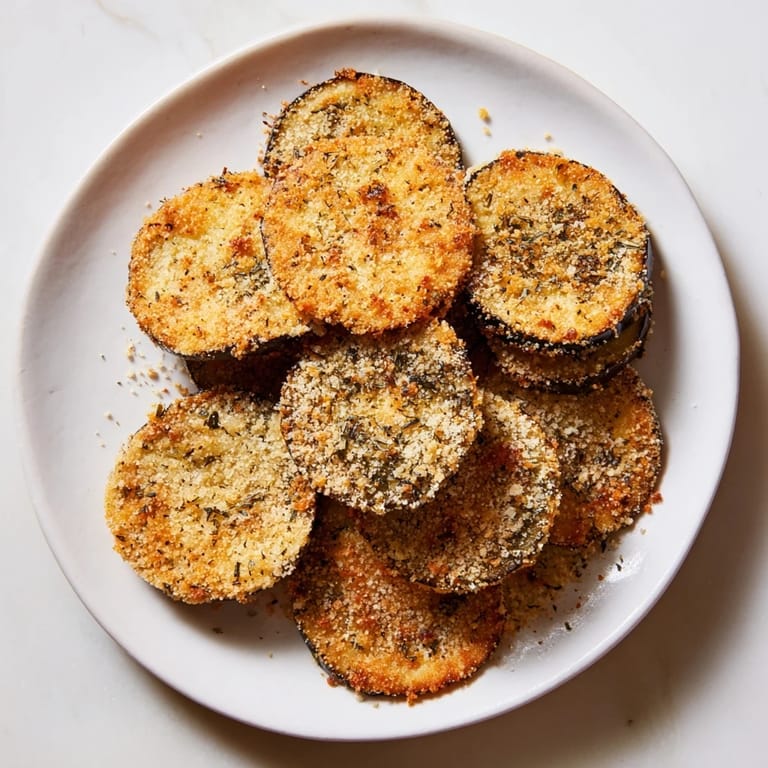 A close-up of crunchy Eggplant Parmesan Chips showing a perfect, golden-brown breading.