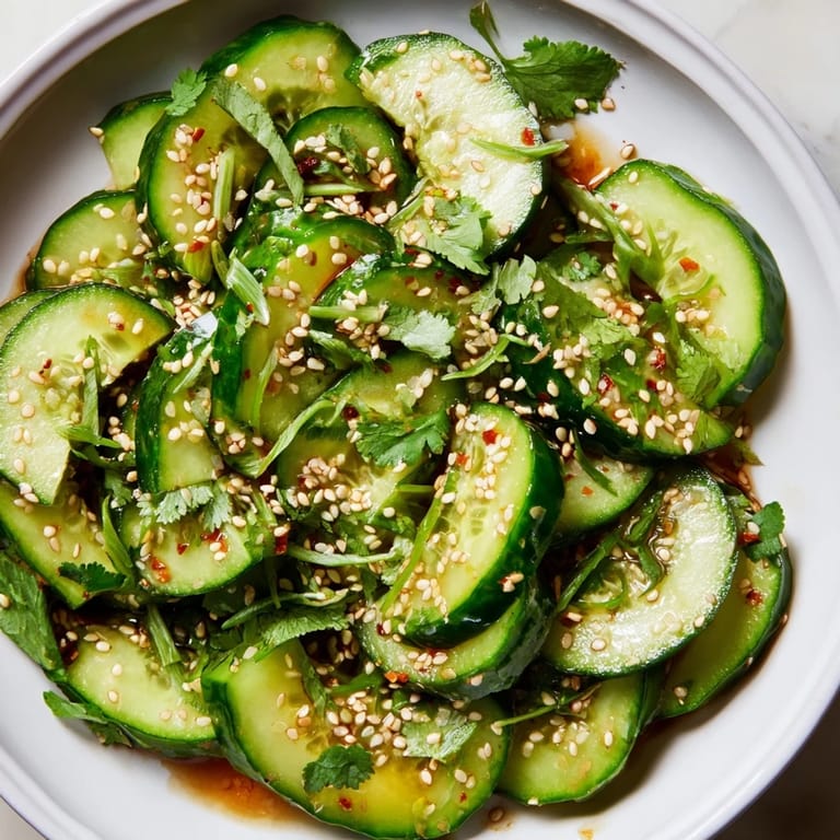 Crisp, cool Zesty Cucumber Salad showcasing thinly sliced cucumbers drenched in delicious, tangy dressing.