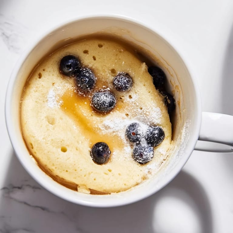 A close-up image of a perfectly cooked Microwave Mug Pancake, ready to eat in under five minutes.