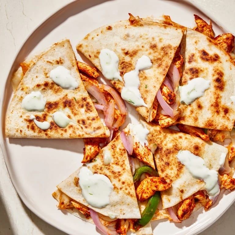 Imagine a close-up of a warm Tandoori Chicken Quesadilla, golden brown and cut, ready to eat.