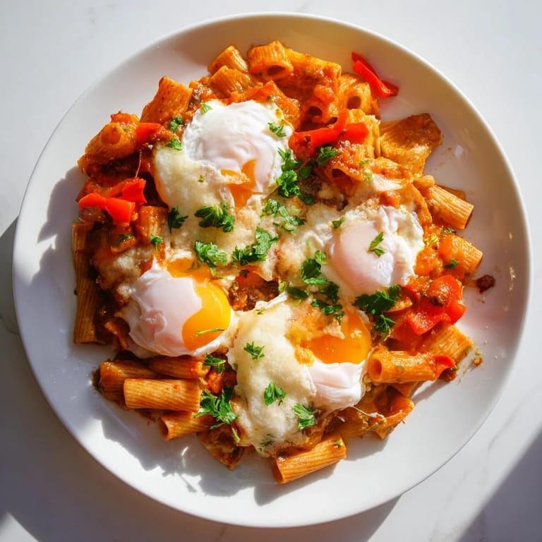 Golden brown Shakshuka Baked Pasta with a runny egg nestled in a rich tomato sauce, enticing flavors.