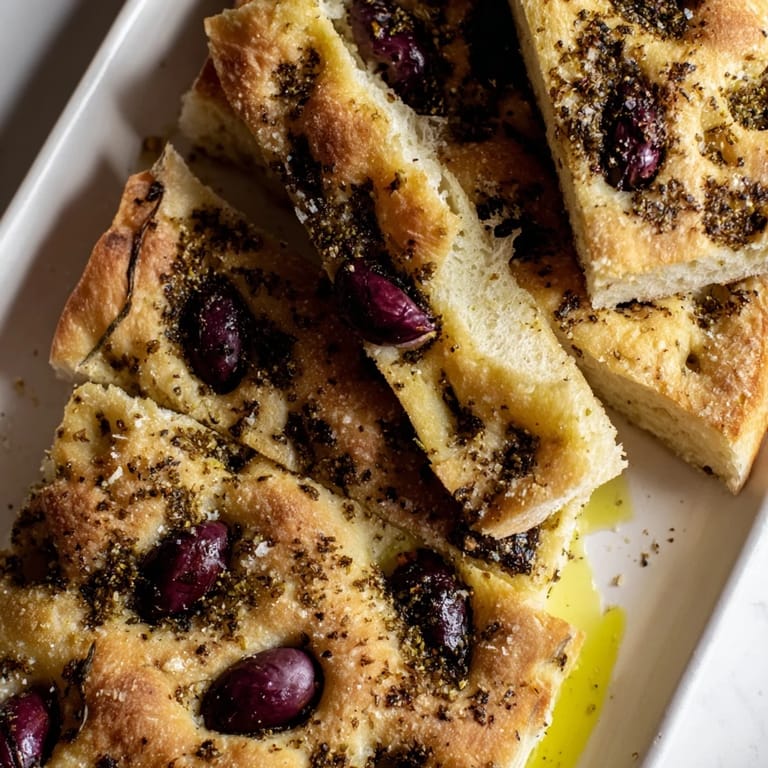 Warm, crispy Zaatar Olive Focaccia with a generous sprinkle of zaatar spice and flaky salt.
