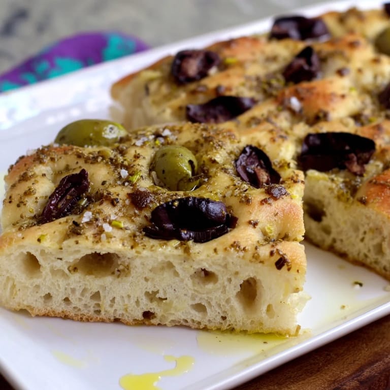 Enjoy the inviting aroma of this freshly baked Zaatar Olive Focaccia, a savory Middle Eastern bread.
