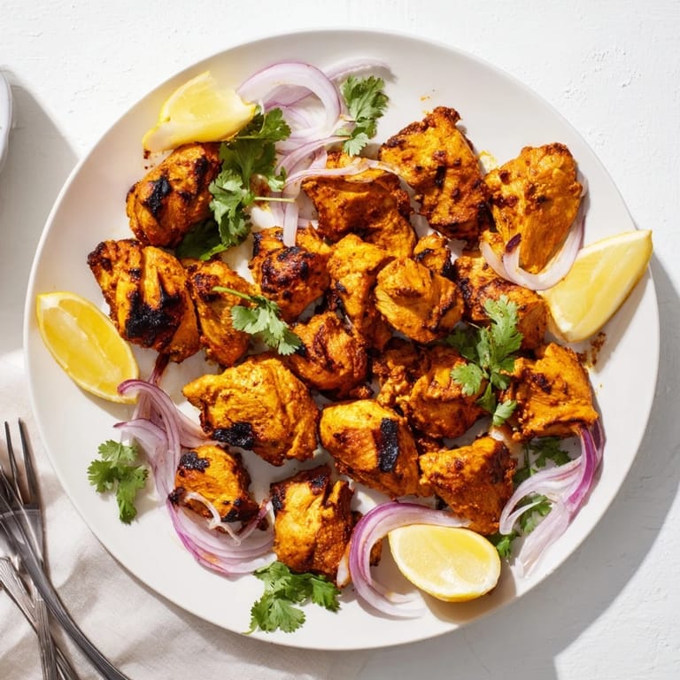 Juicy Indian Tikka Spiced Chicken thighs marinated in tandoori spices and yogurt, served with naan and sliced red onion.  
