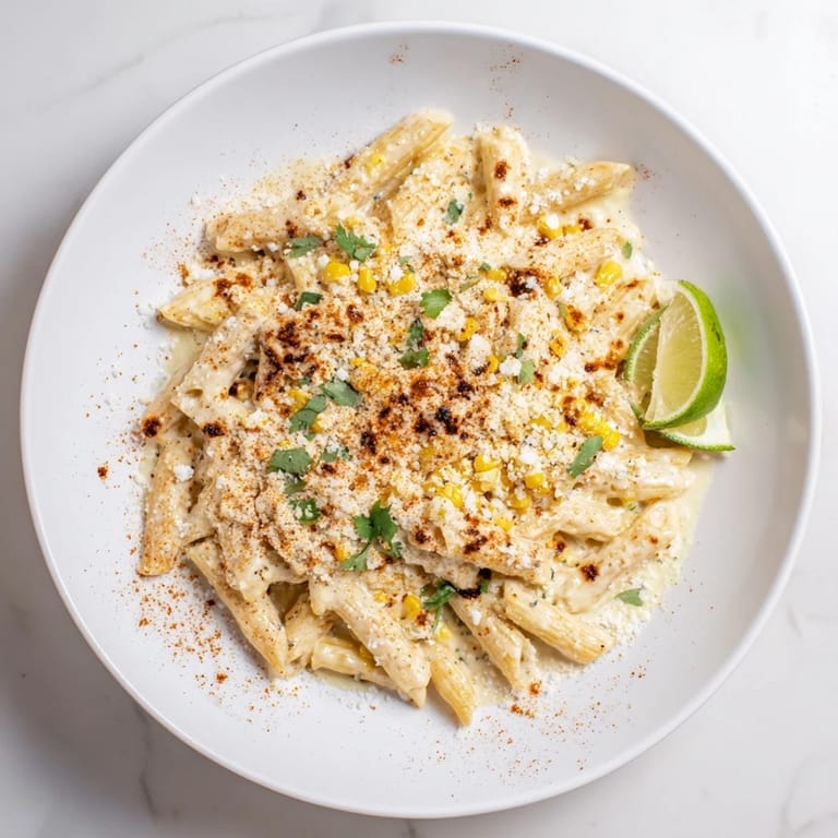 Creamy Mexican street corn pasta twirled on a fork with charred kernels, a sprinkle of chili powder, and bright lime zest.
