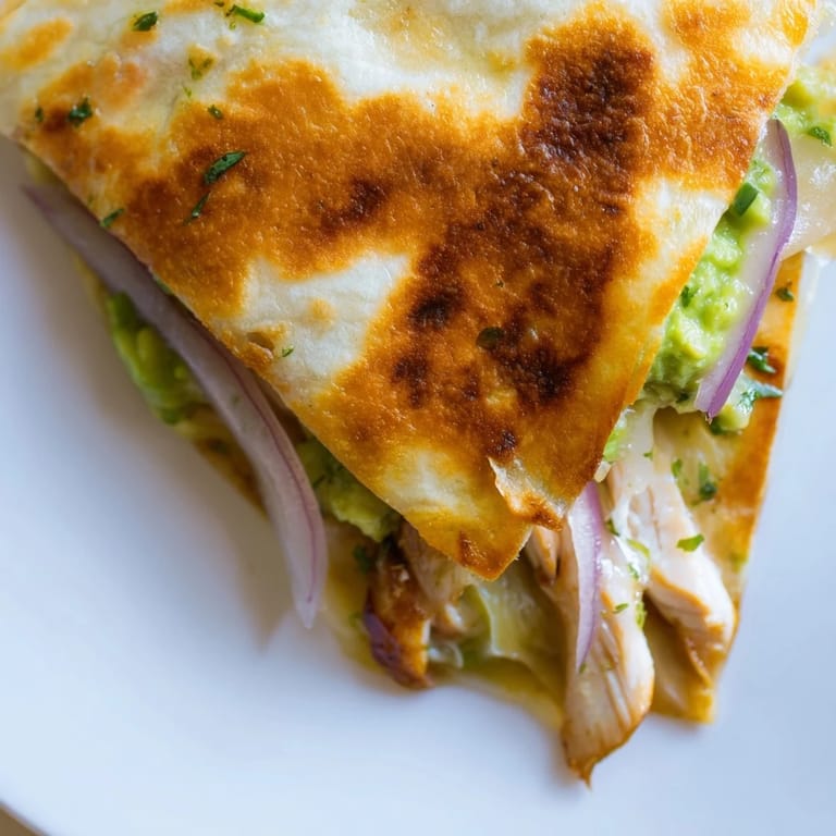 A close-up of a Chicken Avocado Quesadilla slice showing melted Monterey Jack cheese and fresh cilantro garnish.