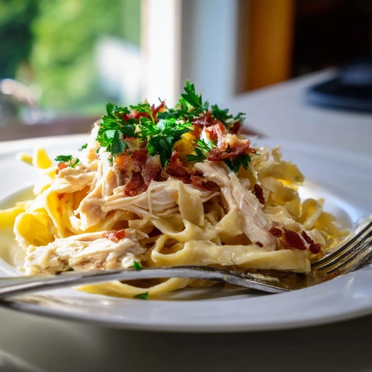 Steaming Chicken Carbonara garnished with extra Parmesan and black pepper, served with crusty bread.
