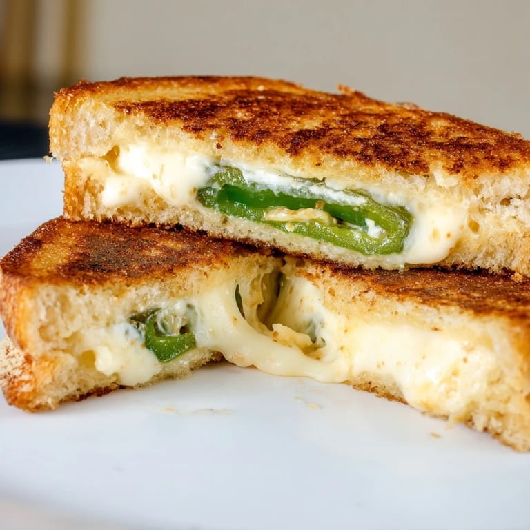 The interior of a Jalapeño Havarti Grilled Cheese shows melted Havarti cheese and fresh jalapeño slices between buttery, toasted sourdough bread.