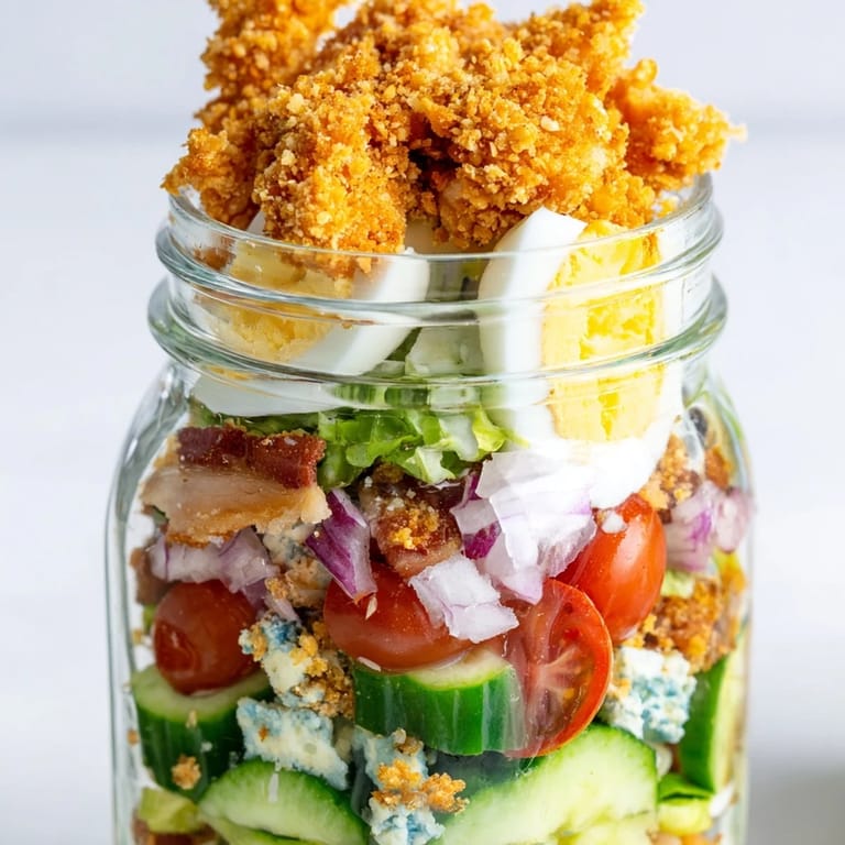 Crispy Chicken Cobb Jar Salad perfect for on-the-go lunches, featuring crunchy romaine, diced avocado, cherry tomatoes, and a creamy homemade dressing.