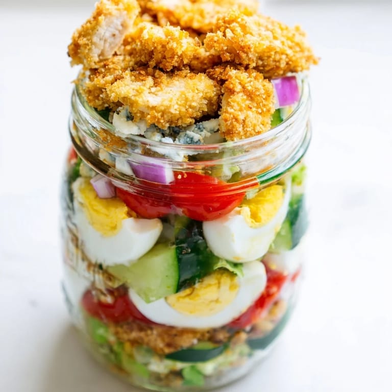 Grab-and-go Crispy Chicken Cobb Jar Salad filled with crunchy chicken, crisp bacon, creamy blue cheese, and fresh veggies for a satisfying gluten-free lunch.