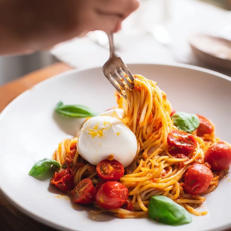 Overhead view of Burrata Caprese Pasta with creamy burrata balls torn open, revealing smooth cheese melting over saucy spaghetti and bright cherry tomatoes.