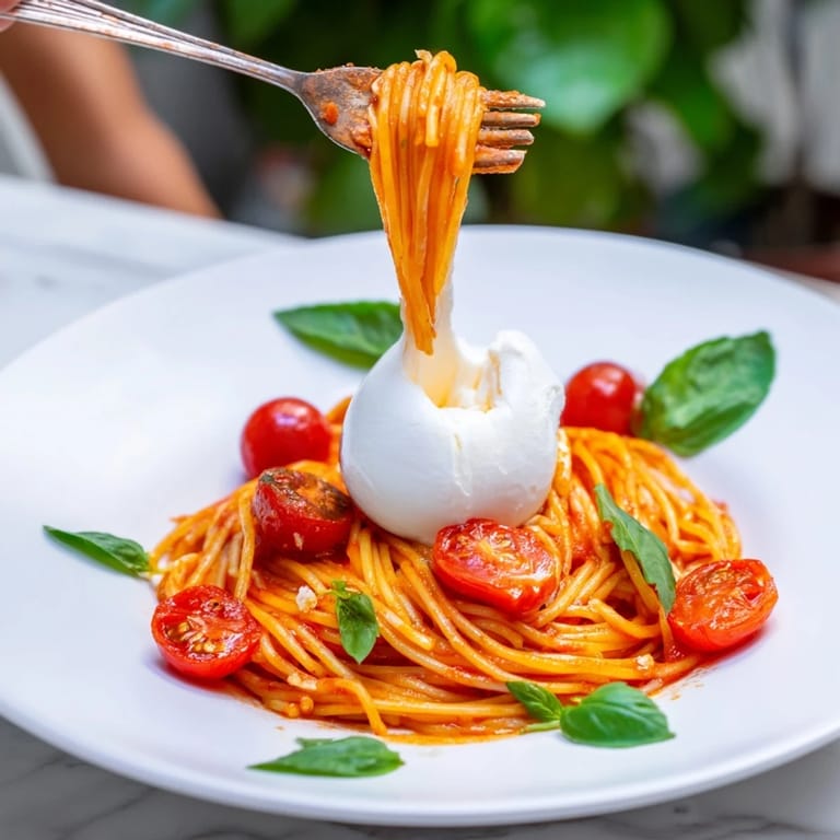 A warm serving of Burrata Caprese Pasta on a white plate, with rich olive oil drizzle and vibrant red tomato halves nestled among fresh basil leaves.  