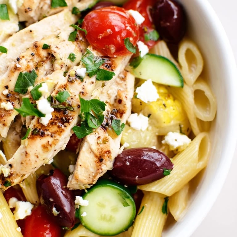 Sliced Kalamata olives and fresh parsley garnish this Mediterranean pasta bowl, served fresh as a refreshing and satisfying main dish.