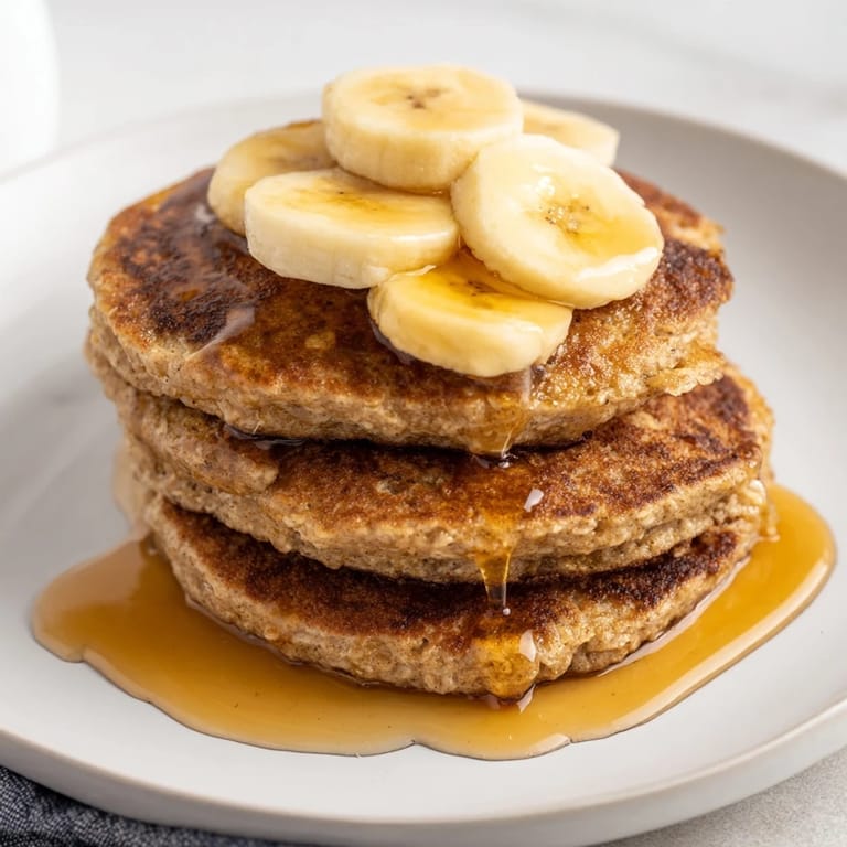 A close-up view of fluffy Banana Oat Pancakes, revealing their hearty texture with a side of fresh berries.