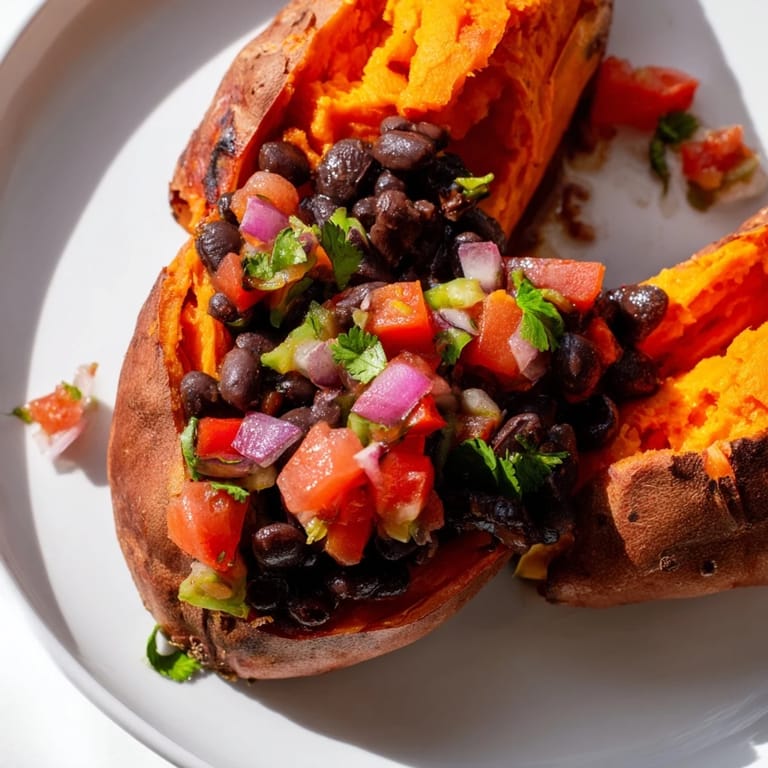 Close-up of roasted sweet potatoes topped with vibrant chipotle black beans and a bright, zesty tomato salsa garnished with fresh cilantro and lime.