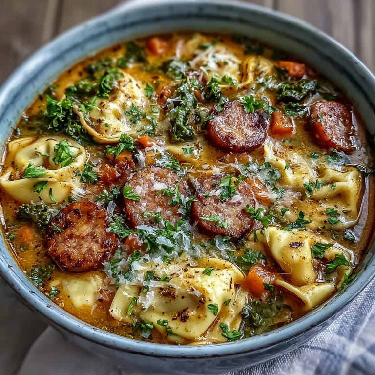Close-up of Pumpkin Tortellini Soup featuring cheesy tortellini, sliced chicken sausage, and vibrant green kale in a creamy, golden broth.