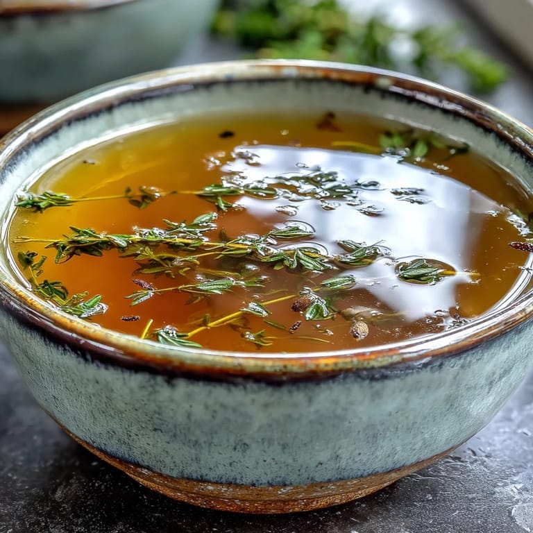 Golden Vegetable Broth From Scraps strained into a clear glass bowl.